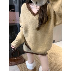 批发棕色套装V领长袖针织衫毛衣女装<b class='q'>冬</b>季高腰包臀裙半身裙辣妹两件套