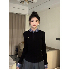 批发韩系chic黑色格纹假两件上衣女冬修身显瘦长袖polo领<b class='q'>针织衫</b>T恤