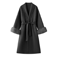 批发实拍网红韩系秋冬款绵羊毛<b class='q'>大</b>衣/羊毛外套腰带袖子带真狐狸毛