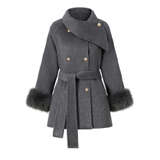 批发实拍网红韩系秋冬中长款羊毛外套 立领双排扣时尚外套袖子带毛