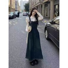 批发大码法式牛仔背带裙女早秋季裙子胖mm吊带连衣裙内搭长裙显瘦套装