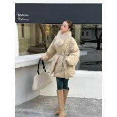 批发十三行冬法式复古气质V领宽松系带收腰<b class='q'>羽绒服</b>女白鸭绒<b class='q'>中长款</b>外套