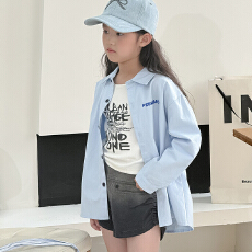 批发【天猫抖音质量 实拍】长袖纯棉<b class='q'>衬衫</b>中大男女童纯色刺绣设计上衣