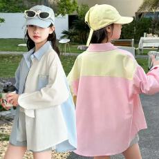批发【天猫抖音质量 实拍】长袖纯棉衬衫中大男女童拼色百搭上衣