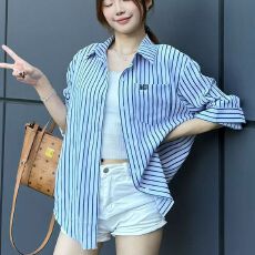 批发条纹衬衫女宽松长袖慵懒<b class='q'>百搭</b>外套