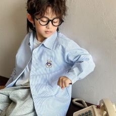 批发男<b class='q'>女童</b>纯<b class='q'>棉</b>长袖小熊刺绣衬衫中大童休闲宽松<b class='q'>外套</b>