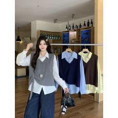 批发大码<b class='q'>女装</b>针织马甲背心<b class='q'>休闲</b>百搭衬衣两件套慵懒宽松上衣