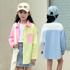 批发长袖纯棉拼色衬衫中大男<b class='q'>女</b><b class='q'>童</b>宽松休闲外套