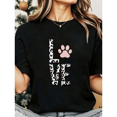 批发T恤女粉色狗爪英文印花<b class='q'>短袖</b>纯色休闲上衣