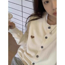 批发慵懒宽松软糯小熊刺绣圆领长袖针织开衫上衣秋冬内搭外穿毛衣外套