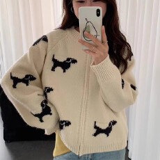 韩系小狗提花圆领拉链毛衣外套女秋冬新款宽松显瘦百搭针织开衫女