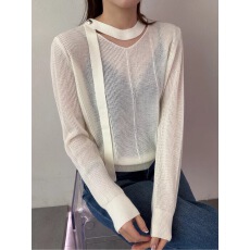 批发<b class='q'>正品</b>法式纯色挂脖v领长袖针织衫女26春季宽松慵懒风气质上衣