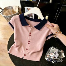 批发夏季新款温柔甜美减龄气质拼色单排扣百搭显瘦粉色针织开衫上衣女