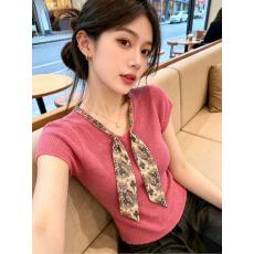 批发【送丝巾】甜美风丝巾V领小飞袖<b class='q'>针织衫</b>女夏季新款超好看薄款上衣