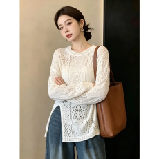 批发秋季新款镂空时尚开叉圆领长袖针织衫女<b class='q'>大码</b>宽松显瘦洋气百搭<b class='q'>上衣</b>