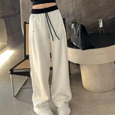 批发美式撞色松紧腰拼接卫裤女2025<b class='q'>夏</b>季高腰百搭显瘦抽绳直筒阔腿长裤