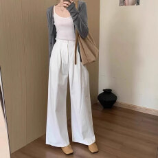 批发白色休闲阔腿裤子女2025夏季新款大码胖mm高腰宽松显瘦拖地直筒裤