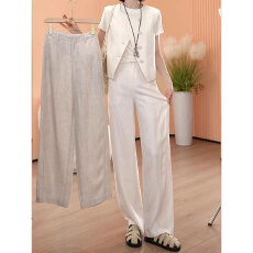 批发夏日薄款<b class='q'>亚麻</b>休闲裤女大码胖mm松弛感高腰遮胯宽松显瘦垂感阔腿裤