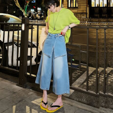 批发<b class='q'>韩版</b>气质设计感假两件屁帘牛仔<b class='q'>裤</b>女夏季薄款高腰小个子阔腿八分<b class='q'>裤</b>