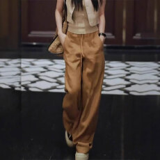 批发金棕色<b class='q'>亚麻</b>裤女抽绳高腰2026年夏季大码高腰显瘦设计感洋气休闲裤