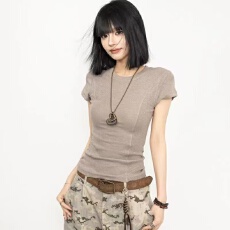 批发260g人棉 新款韩版甜美纯色显瘦百搭上衣圆领套头打底衫短袖T恤