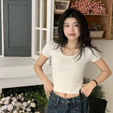 批发正肩短袖U领短款T恤女纯色夏季修身辣妹露脐高腰半袖打底体