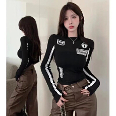 批发人棉 辣妹黑白撞色别致字母印花T恤女显瘦修身气质百搭长袖