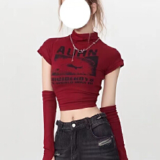 批发人棉1：1美式高领短袖T恤女夏修身显瘦短款印花袖套打底