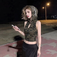 批发美式甜酷辣妹短款连帽<b class='q'>背心女</b>字母印花镂空修身无袖上衣