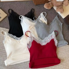 批发红色磨毛蕾丝花边吊带保暖背心女秋冬内搭带胸垫百搭打底衫上衣潮