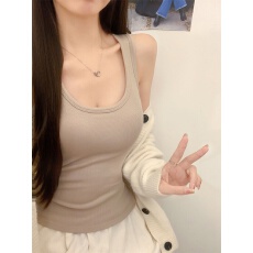 批发初秋新款纯欲风磨毛U领宽肩带背心显瘦修身女固定带胸垫百搭上衣