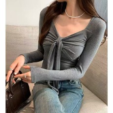 批发蝴蝶结百搭长袖<b class='q'>T</b><b class='q'>恤</b>秋冬季纯欲风<b class='q'>紧身</b>打底衫内搭修身显瘦方领上衣