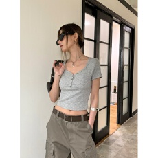 批发美式灰色大领口正肩短袖<b class='q'>t</b><b class='q'>恤</b>女夏季修身<b class='q'>紧身</b>运动露脐辣妹短款上衣
