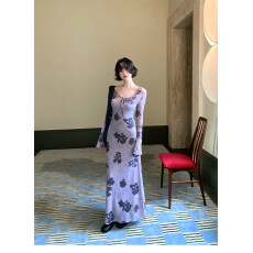 批发法式复古<b class='q'>印花</b>长袖<b class='q'>连衣裙</b>女高级感收腰a字绝美气质内搭吊带两件套