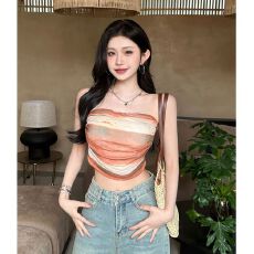 批发辣妹褶皱收腰无肩带<b class='q'>抹胸</b>内搭扎染印花<b class='q'>裹</b><b class='q'>胸</b>背心外穿短款上衣