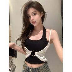批发黑白撞色假两件挂脖吊带背心女夏季无袖带胸垫内搭可外穿上衣