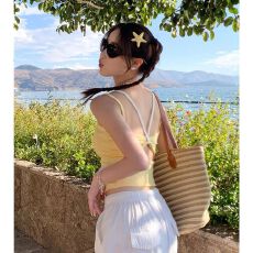 批发带胸垫 260克人棉撞色假两件打底美背吊带文胸一体小背心女