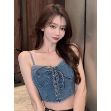 批发短款牛仔小吊带背心女内搭绑带修身辣妹性感带胸垫抹胸上衣