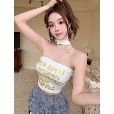 批发美式辣妹小众设计感街舞字母印花挂脖抹胸小上衣吊带<b class='q'>露</b><b class='q'>脐</b>T恤