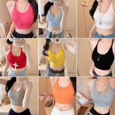 批发带胸垫 绑带挂脖内搭打底<b class='q'>背心</b>女夏季修身系带<b class='q'>露</b><b class='q'>脐</b>短款上衣