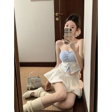 带胸垫 蕾丝蝴蝶结吊带背心女夏季纯欲内搭一字围抹胸小上衣