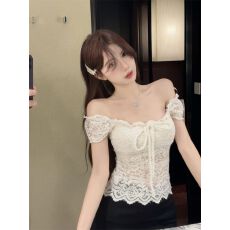 批发带胸垫 夏季短袖蕾丝钩花方领系带T恤女纯欲收腰显瘦短上衣