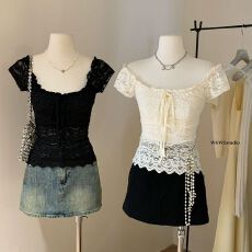 批发蕾丝拼接一字肩性感短袖衬衫女夏季修身法式正肩绑带T恤小衫