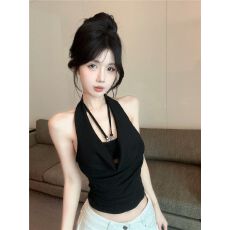 批发带胸垫 纯欲假两件荡领一字肩挂脖吊带背心女夏季抹胸上衣