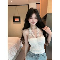 批发带胸垫 蕾丝纽扣挂脖吊带背心女夏季外穿泰式辣妹v领抹胸上衣