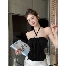 批发带胸垫 纯欲风镂空挂脖显瘦一字肩露背上衣女夏季外穿背心