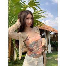 批发两件套 纯欲风套装复古印花吊带背心上衣女薄款蕾丝开衫<b class='q'>外套</b>