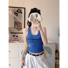 批发带胸垫 辣妹风字母印花<b class='q'>工字</b>吊带<b class='q'>背心女</b>夏季复古短款露背上衣