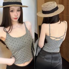 批发带胸垫 波点交叉带美背吊带背心女<b class='q'>夏季</b>辣妹显瘦内搭外穿上衣