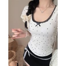 带胸垫 纯欲蕾丝拼接波点正肩短袖T恤女夏季修身U领短款上衣